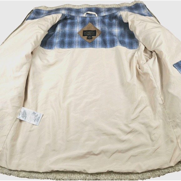 Pendleton Sherpa Fleece Jacket Size Medium Lined Zip Up Plaid Trim Pockets Coat - Picture 4 of 12